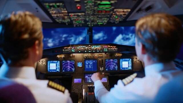 Pilots in the cockpit: View from the back of two pilots inside the cockpit during a flight. The flight deck comes alive with screens and other controls. Captures the moment of expertise and control.