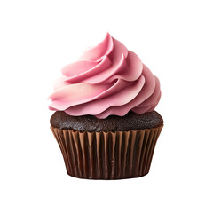 chocolate cupcake with pink frosting swirl isolated on transparent background