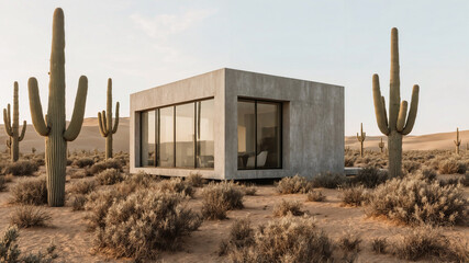 Modern minimalist concrete house surrounded by desert landscape with saguaro cacti and scrub brush under a warm sunset sky