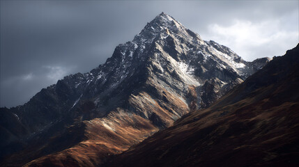 majestic mountain peak with snow and rugged slopes under dramatic sky and moody natural light
