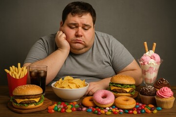 Sad man surrounded by junk food and desserts. Great for emotional eating campaigns, nutrition awareness, or unhealthy lifestyle concepts.
