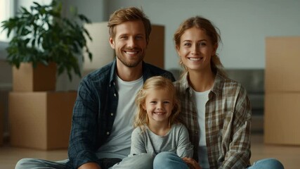 A family of three, a young couple and their daughter, are sitting on the floor amidst packed boxes in a new home, smiling as if moving into a new place is an exciting adventure.