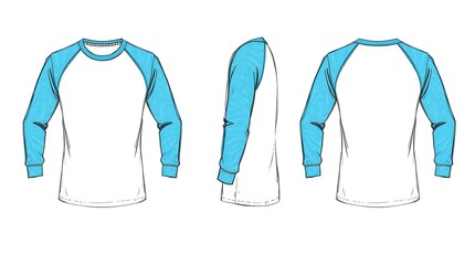 Realistic 3D mockup of white and blue long sleeve raglan t-shirt with front, side, and back views on neutral gray background, perfect for clothing design and branding showcase