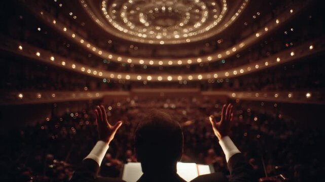 The Conductor's Vision: A captivating moment where a conductor leads a full orchestra in a grand music hall, bathed in warm lighting, evoking the power of music and performance.