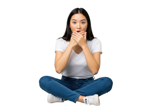 Surprised young asian woman sitting crosslegged with hands over her mouth isolated on transparent background