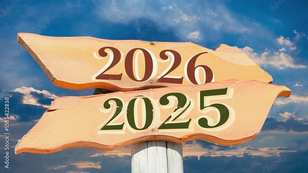 Poster sign with the numbers 2026 and 2025 on it. the sign is on a post and is surrounded by clouds