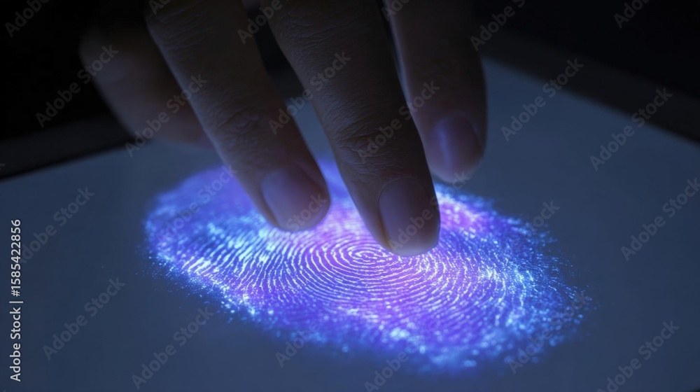 Poster close-up of a person's hand pressing a fingerprint on a touch screen. the fingerprint is circular in