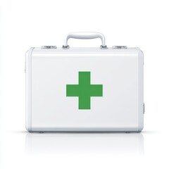 Obraz premium White first aid box with a green cross, white background, vector illustration style, simple lines, high resolution, no shadows on the edges of the picture. No other elements in.