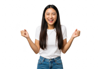 A joyful young asian woman celebrates success with clenched fists raised in excitement, isolated on transparent background