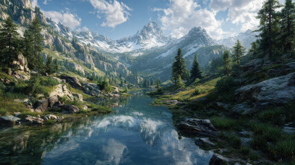 A hyper-realistic mountain valley at dawn with a clear lake reflecting snowy peaks and lush forests, highlighted by soft light and detailed textures.
