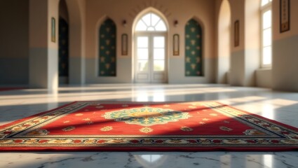 photo-realistic image of a beautifully detailed prayer rug placed inside a serene and peaceful mosque.