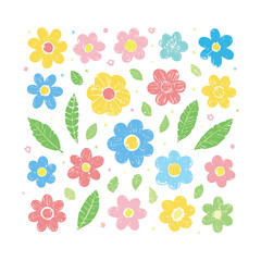 Colorful Flat Flower Pattern with Leaves &ndash; Spring Floral Design