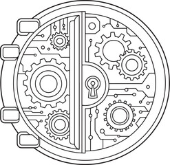 Futuristic Vault Door with Circuit and Gear Mechanism Vector Illustration, Futuristic Vault Door, Cyber Lock Vector, Steampunk Gear Lock, Secure Vault Illustration, Tech Security Art