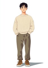 Asian boy sweater pants character.