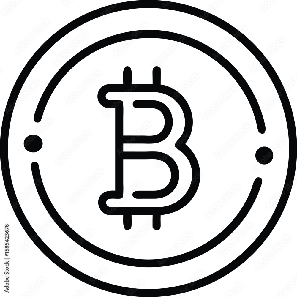 Poster bitcoin symbol in a coin with two dots in a simple outline style