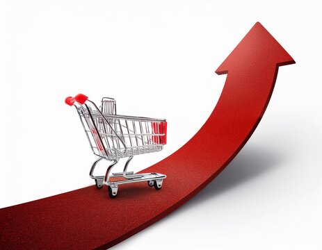 a shopping cart placing on path of red arrow pointing up; white background