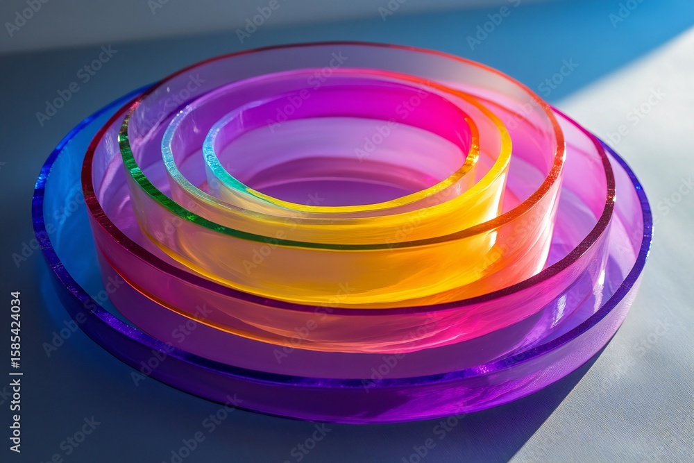 Poster a series of concentric rings crafted from transparent materials, each layer radiating with a vibrant