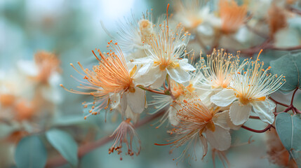 macro of delicate white blossoms with orange stamens in soft light and pastel green botanical tones
