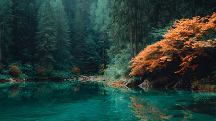 emerald forest lake with vibrant autumn foliage reflecting in calm water under soft natural light