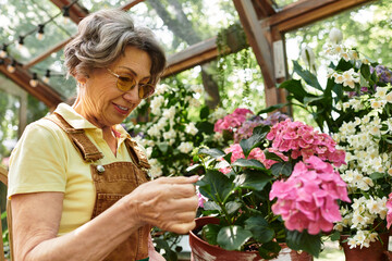 Senior woman tending to vibrant flowers in a serene garden oasis during a sunny afternoon
