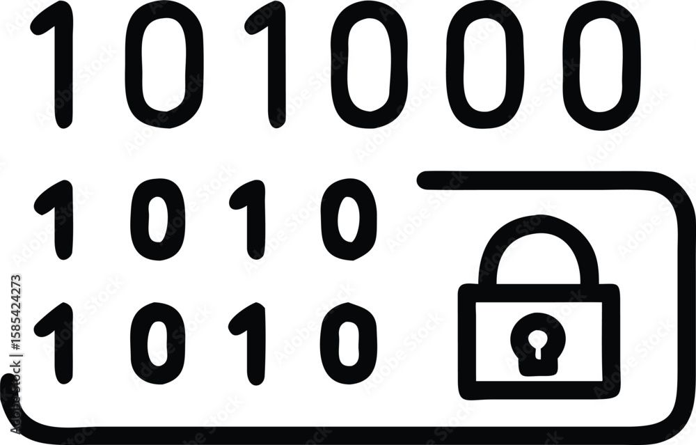 Poster black and white binary code with padlock for data encryption and security
