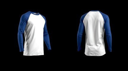 Realistic 3D mockup of white and blue long sleeve raglan t-shirt with front, side, and back views on neutral gray background, perfect for clothing design and branding showcase
