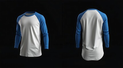 Realistic 3D mockup of white and blue long sleeve raglan t-shirt with front, side, and back views on neutral gray background, perfect for clothing design and branding showcase