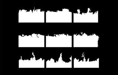 A versatile collection of 9 grunge ink brush edge masks with unique textures and rough details. Ideal for use in digital design, photo editing, poster layouts, or grunge themed artwork. 