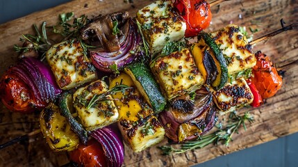 Grilled Vegetable Skewers with Halloumi on Rustic Wooden Board