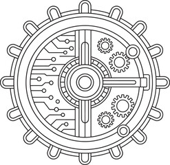 Steampunk Futuristic Vault Door with Circuit and Gear Mechanism Vector Art, Steampunk Vault Lock, Futuristic Safe Door, Gear Mechanism Vector, Cyber Security Lock, Tech Vault Art