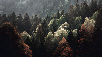 dense forest canopy with mixed green and red foliage in a vibrant natural landscape from above