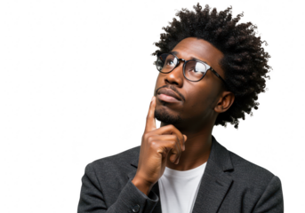 A thoughtful black man wearing glasses and a suit jacket rests his finger on his chin, contemplating an idea, isolated on white isolated on transparent background