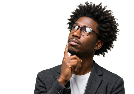 A thoughtful black man wearing glasses and a suit jacket rests his finger on his chin, contemplating an idea, isolated on white isolated on transparent background