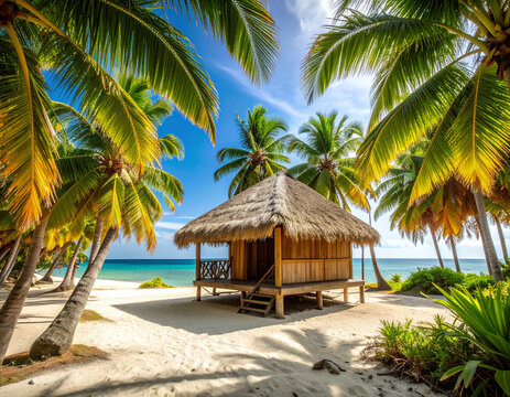 A rustic bamboo nipa hut (bahay kubo) nestled peacefully amidst swaying palm trees on a sunny coastline.