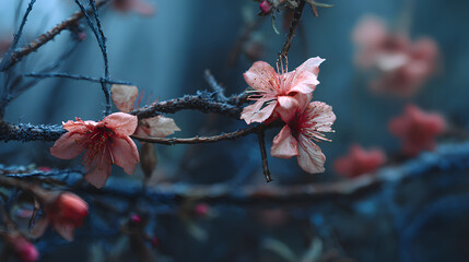 wildflowers glowing in soft moonlight against a dark misty landscape with cool tones and quiet mood