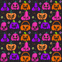 Spooky pumpkin Seamless pattern for Halloween. Doodle style Jack o Lantern pumpkin element. Flat vector pattern.