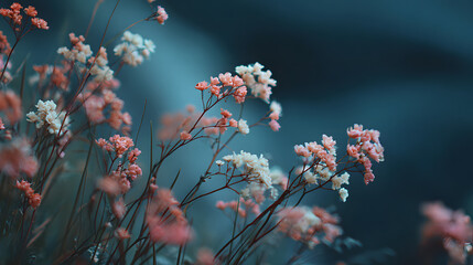 wildflowers glowing in soft moonlight against a dark misty landscape with cool tones and quiet mood