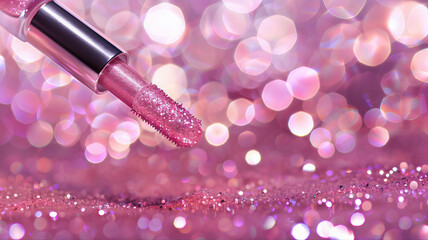 Lip gloss glitter. Close-up of a lip gloss applicator with a pink, glittery lip gloss product on a sparkling, blurred bokeh background. Liip balm hot glitter lipstick texture shimmer, 
pink lipstick 