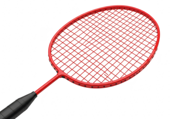 A red badminton racket with a black handle is shown isolated on a transparent background