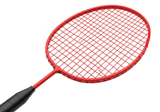 A red badminton racket with a black handle is shown isolated on a transparent background