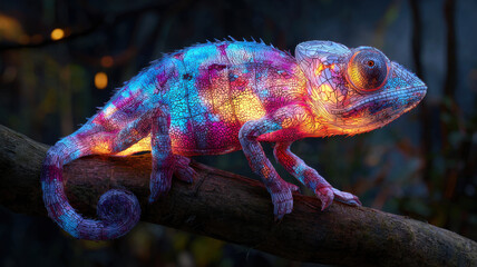 A fantasy bright crystalline chameleon with glowing, luminescent skin sits on a wooden tree branch in a wild jungle at night, its shining crystal body emitting a soft, pleasant light.