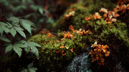 closeup of vibrant moss growing over stone with green and burnt orange tones in natural textures