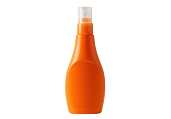 An orange plastic spray bottle with a clear cap, isolated on a transparent background