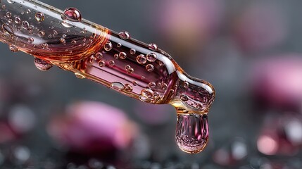 Rose oil drop essence falling from pipette, natural skincare ingredient captured in droplet for spa, beauty, wellness