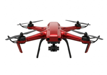 A sleek red drone with four rotors and a camera, isolated on a transparent background