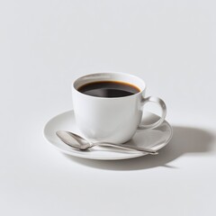 Obraz premium White coffee cup filled with black coffee sitting on matching saucer with spoon