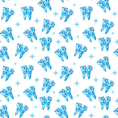 Seamless pattern with stylized tooth in the shape of a faceted diamond in a blue gradient geometric fill
