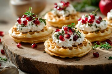 Delicious waffles with cream cheese and pomegranate topping on wooden board