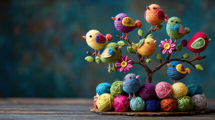 A handcrafted yarn tree with colorful crocheted birds and bright flowers, resting on multicolored yarn balls, in a cozy crafting space with a wooden background, creating a vibrant, whimsical scene.