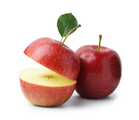 Fresh whole, cut apple slices with leaf isolated on white
